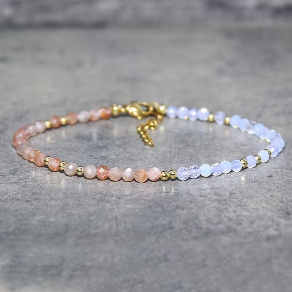 Dainty Sunstone & Moonstone Beaded Bracelet 2mm Gemstone Crystal Adjustable Boho